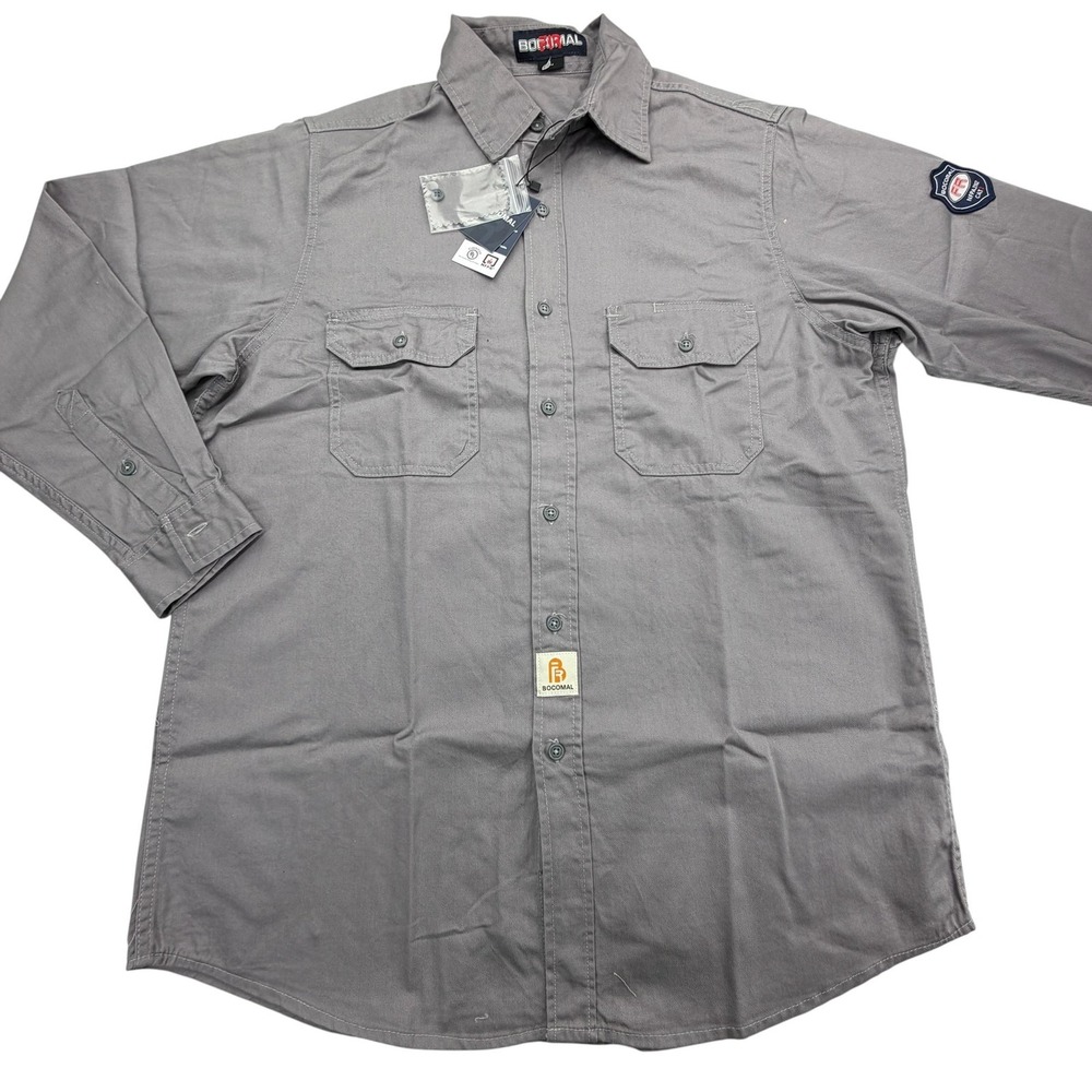 BOCOMAL Shirt Mens L Gray Long Sleeve Button Twill FR Flame Resistant Workwear